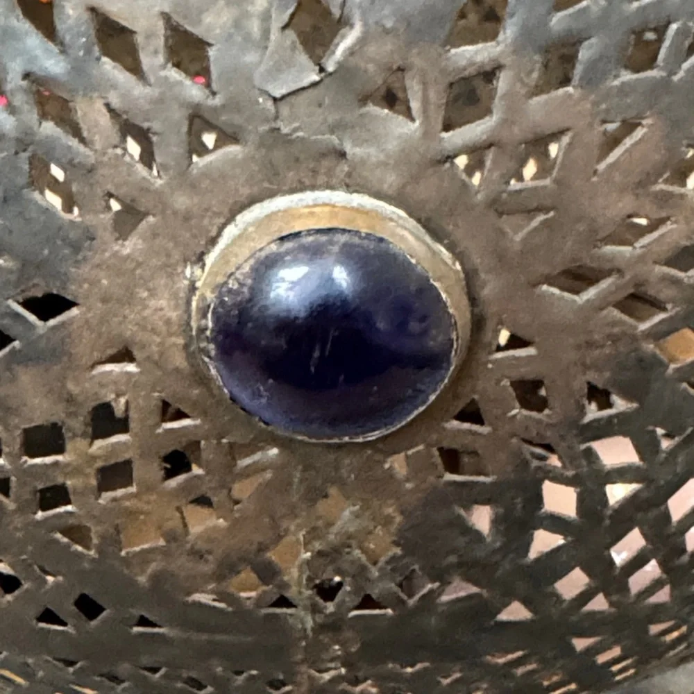 Vintage moroccan Metal Lantern with Red, Blue, and Orange Accents